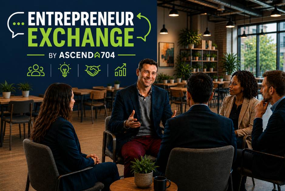 Entrepreneurs and business professionals gathered in a collaborative discussion inside a modern coworking space with natural light, plants, and active work areas.